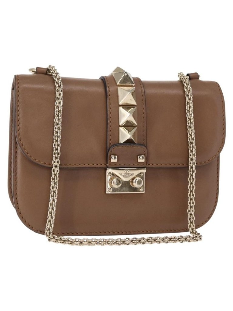 Authentic Valentino Studs Chain Shoulder Bag Leather Brown Gold